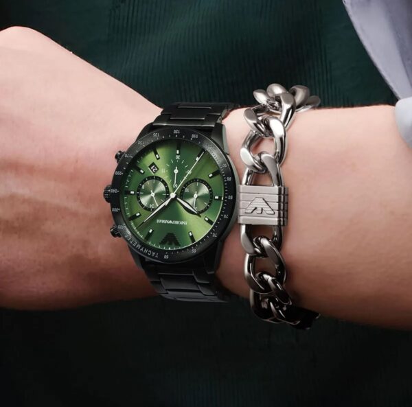 Emporio Armani Chrono Black Stainless Steel Watch: 43mm Green Dial Edition - Image 4