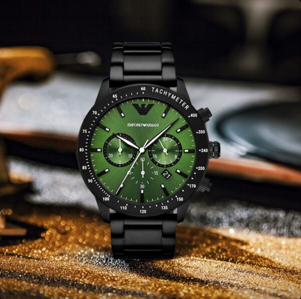 Emporio Armani Chrono Black Stainless Steel Watch: 43mm Green Dial Edition